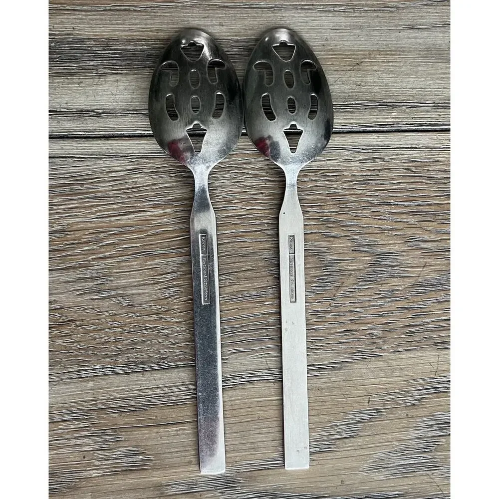 Vintage Korea National Stainless Floral Pierced Serving Spoons 8” Set Of 2